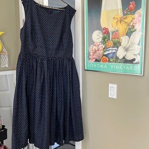 ModCloth navy tea dress w sweetheart neckline and embroidery pattern retro sz 16